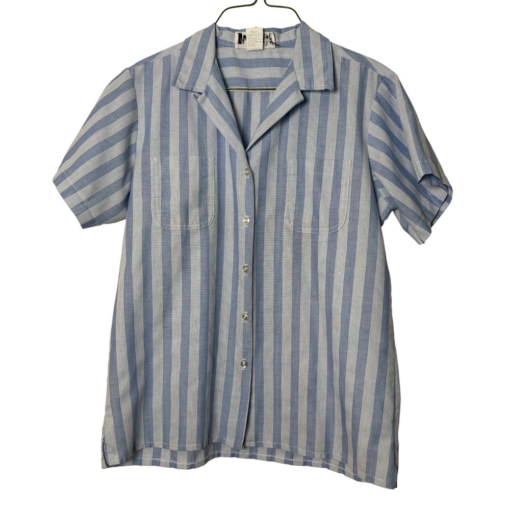 Vintage Hunters Glen Blue White Striped Short Sleeve Button Up Shirt Size 14 USA